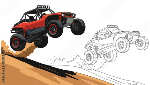 Powerful red off-road dune buggy performing a dramatic jump over a sandy hill, kicking up dust in a dynamic and exciting action-packed illustration.