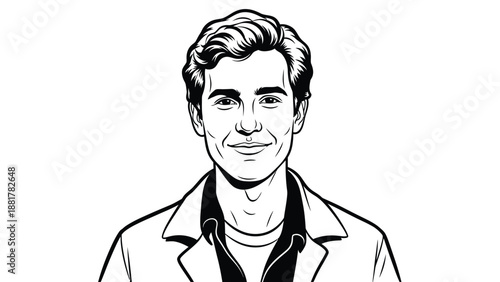 Stylized line art portrait of a smiling young man wearing a collared shirt and jacket