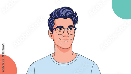 Modern young man with stylish blue hair and glasses looking thoughtfully to the side, set against a clean white background with abstract color shapes.