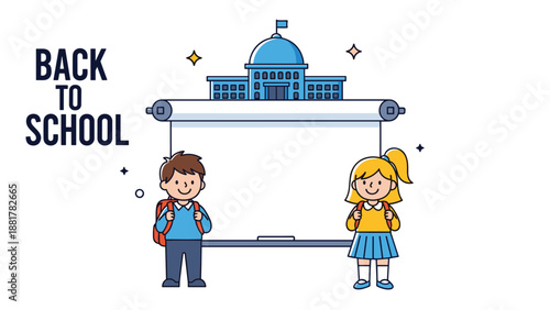 Colorful back to school concept featuring happy children with backpacks standing in front of a school building and a large scroll for custom text.