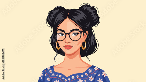 Trendy woman with dark hair styled in space buns wearing black glasses and a floral patterned blue top, presented in a clean and modern vector style.