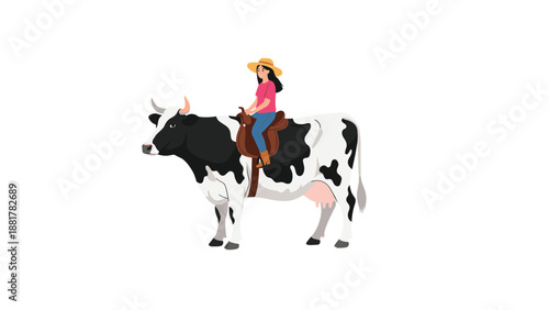 Young girl wearing a pink shirt and straw hat riding a large black and white cow with a saddle, showing a unique and fun farm-themed adventure.