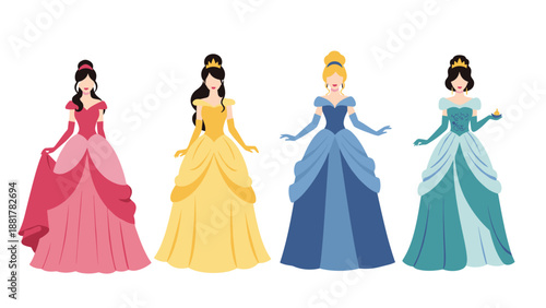 Four beautiful fairytale princesses wearing elegant ball gowns in various colors like pink, yellow, blue, and teal, standing in a graceful row.