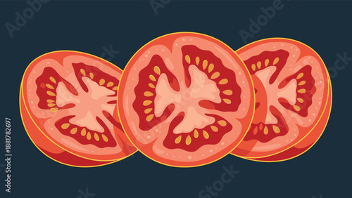 Three fresh and juicy tomato slices arranged together on a dark blue background, showcasing the vibrant red color and detailed inner seeds of the fruit.