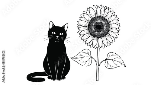 Silhouetted Black Cat Companionship with Detailed Sunflower Illustration