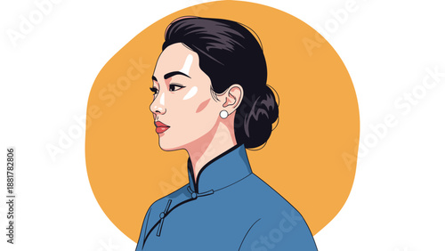 Elegant side profile portrait of a woman with dark hair in a bun wearing a blue traditional Chinese cheongsam dress against a bright yellow circle.