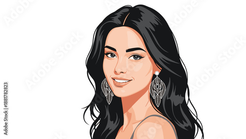 Radiant woman with long dark wavy hair smiling cheerfully, wearing intricate silver leaf-shaped earrings and a simple top on a white background.