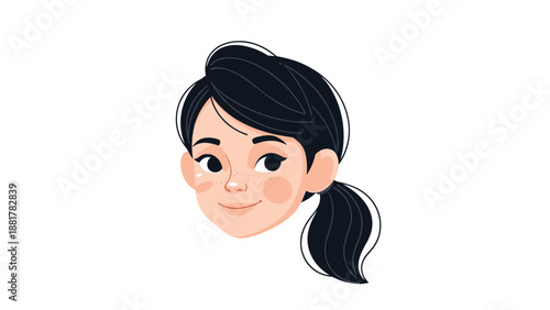 Simple and cute cartoon face of a young girl with black hair tied in a ponytail and a slight smile, isolated on a clean white background.