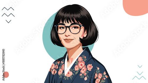 Beautiful woman with short black hair and glasses wearing a dark blue kimono with pink floral patterns, set against a simple abstract background.