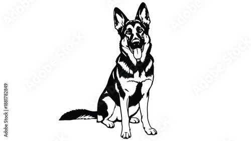 Striking black and white vector art portrait of a regal German Shepherd dog sitting attentively