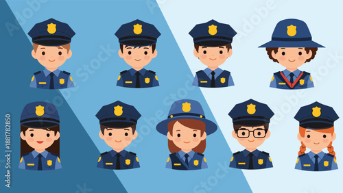 Large set of diverse police officer avatars representing different genders and ethnicities, all wearing blue uniforms and caps on a split background.
