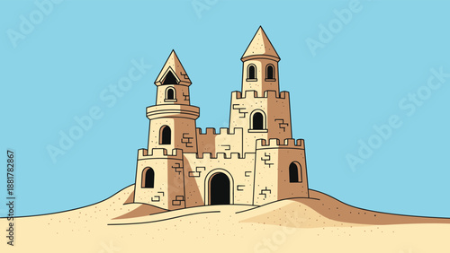 Detailed sandcastle built on a sunny beach under a clear blue sky, showcasing towers and entryways as part of a classic summer seaside activity.