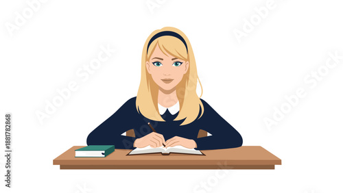 Diligent student with blonde hair sitting at a wooden desk and writing carefully in a book, representing education, studying, and academic focus.