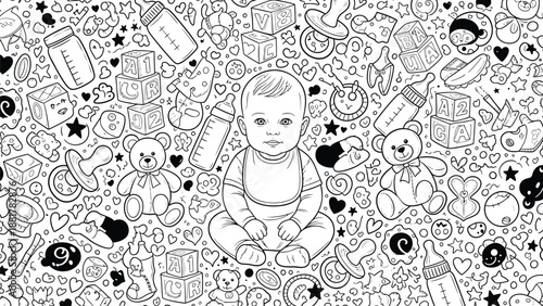 Whimsical Sketch of Baby Essentials and Adorable Newborn in a Delightful Playful Pattern