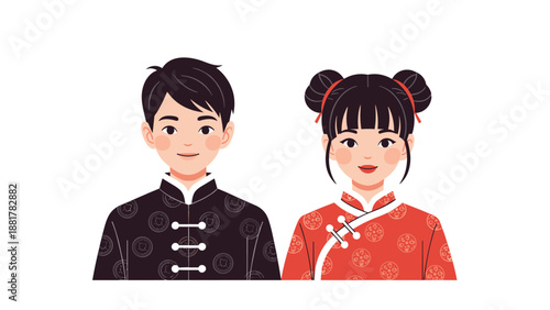 Young boy and girl dressed in traditional Chinese cultural attire featuring elaborate patterns and classic designs for a festive celebration.
