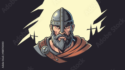 Powerful portrait of a bearded warrior wearing a metal helmet and leather armor, standing against a dark background for a heroic appearance.