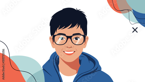 Portrait of a young boy with dark hair and glasses wearing a blue hoodie, smiling happily against a modern abstract background.