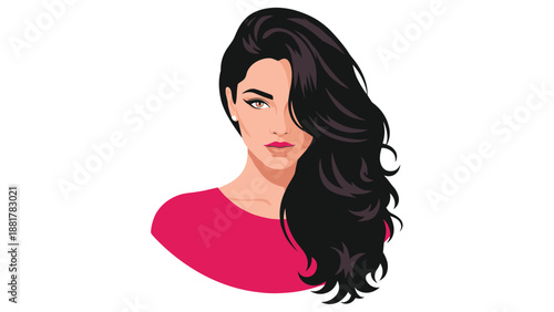 Elegant portrait of a young woman with long wavy dark hair and a confident expression, wearing a stylish pink top on a white background.