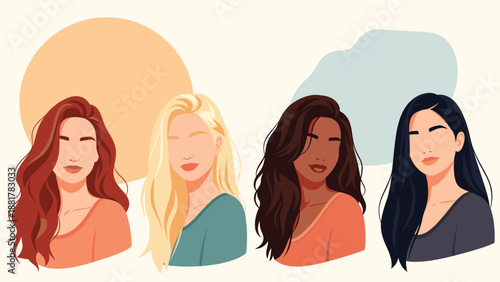 Set of four faceless portraits of women with various hairstyles and skin tones, highlighting fashion, beauty, and diverse feminine identity.