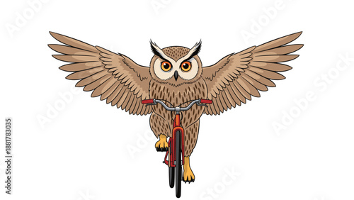 Majestic owl with large wings spread wide while riding a red bicycle, combining nature and human activity in a whimsical and creative illustration.