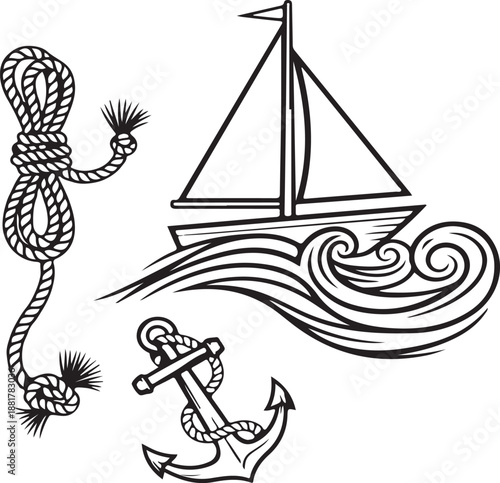 boat, sailing, anchor, rope, Sailing on water, Sea adventure, Ocean voyage, Nautical  the waves. The image features a boat, anchor and rope, evoking a sense of calm and adventure.