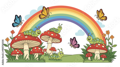 Cheerful caterpillars resting on red spotted mushrooms and colorful butterflies flying under a bright rainbow in a green field with flowers.