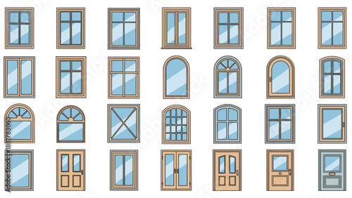 Large collection of different window and door styles, including arched and rectangular designs, suitable for architectural planning and design.