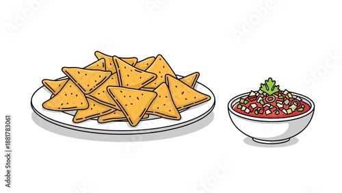 Plate filled with crunchy tortilla nachos served next to a bowl of fresh tomato salsa dip for a delicious and popular party snack.