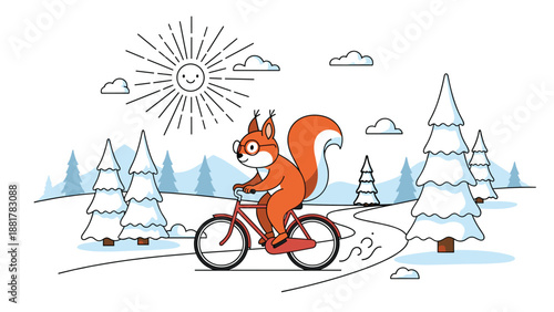 Cute squirrel wearing glasses riding a bicycle through a snowy winter park filled with pine trees under a smiling bright sun in the sky.