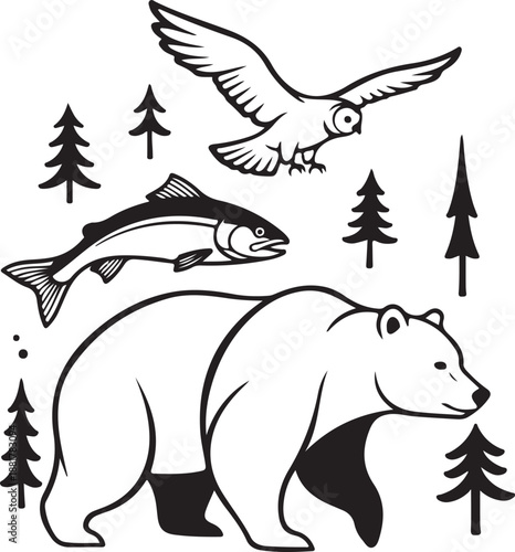 Wildlife Scene Illustration: An illustrated scene of wildlife animals features a majestic bear, soaring owl, and a sleek fish in a natural forest setting.