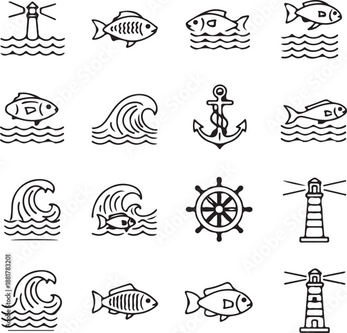 Marine Icons Collection: A curated set of elegant linear icons that capture the essence of nautical and aquatic themes.  Featuring lighthouse, fish, wave, anchor and more.
