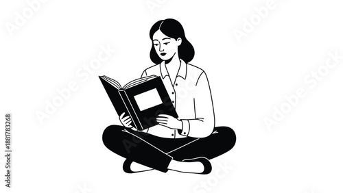 Minimalist illustration of a woman absorbed in reading a book while seated cross-legged