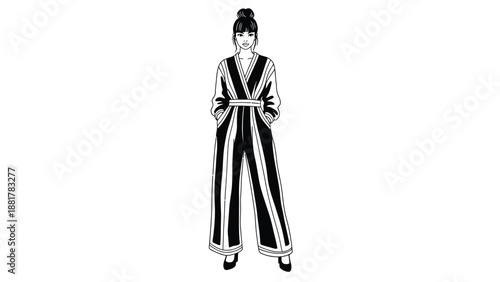 Chic striped jumpsuit fashion illustration minimal black and white design for style inspiration