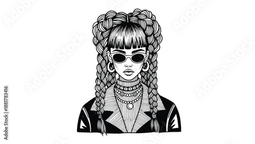 Stylized portrait of a young woman with elaborate braided hairstyles and bold accessories