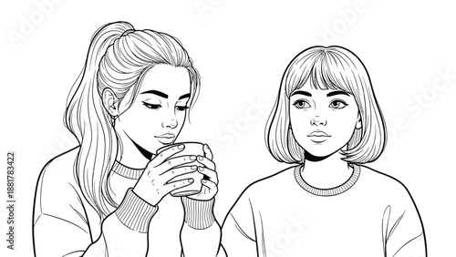 Two young women enjoying a quiet moment together with warm beverages