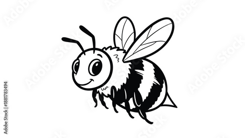 Charming monochrome illustration of a happy cartoon bee with detailed wings and fuzzy body for