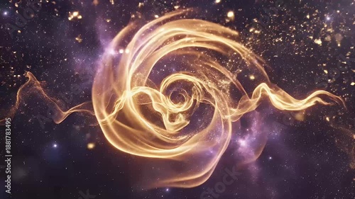 Abstract flowing golden smoke shapes against a starry purple background