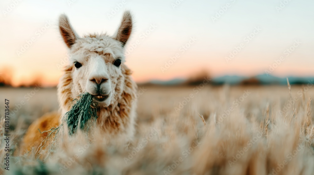 Fototapeta premium A charming llama enjoys a meal in a serene field during sunset, showcasing the beauty of nature and the tranquility of farm life in a warm golden light.