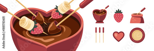 Valentine’s Day chocolate fondue with fruit skewers flat vector
