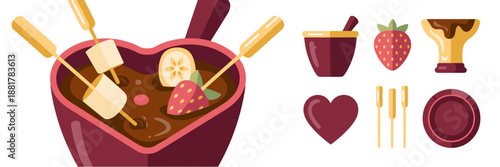 Heart-shaped chocolate fondue set with fruit dipping vector