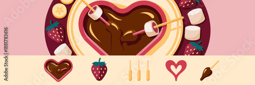 Dark chocolate fondue with strawberries and skewers illustration