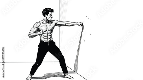 Dynamic black and white illustration of a muscular man practicing martial arts striking a surface