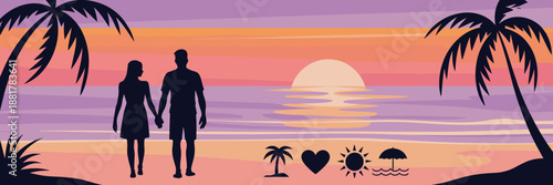 Sunset beach date with couple silhouettes – Great for vacation marketing, romantic cards, or lifestyle social media.