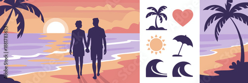 Romantic couple walking on sunset beach – Ideal for travel agencies, relationship blogs, or Valentine's Day promotions.