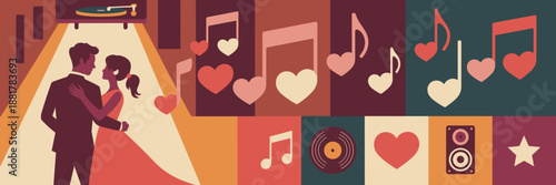 Silhouette couple dancing with heart musical notes vector - Great for romantic event posters, wedding invitations, or jazz night promotions.