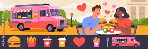 Romantic food truck date illustration with heart icons - Great for street food festivals, local business ads, or social media graphics.