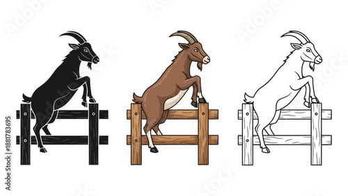 Set of three goat illustrations standing near a wooden fence in black silhouette, color, and outline styles