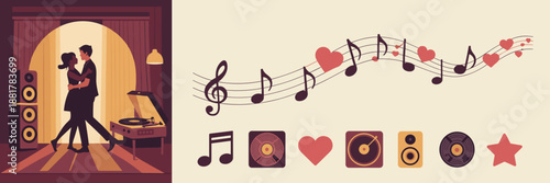 Romantic couple dancing to vinyl record player flat vector - Ideal for Valentine's Day cards, music blogs, or retro lifestyle content.