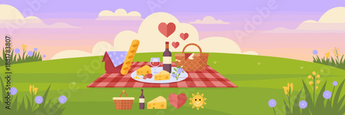 Minimalist park picnic with flowers and picnic icons – Great for wellness apps, greeting cards, or spring travel content.