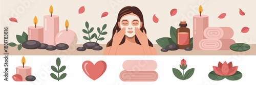 Woman at spa with face mask and self-love icons – Suitable for skincare tutorials, wellness websites, or holiday pampering.